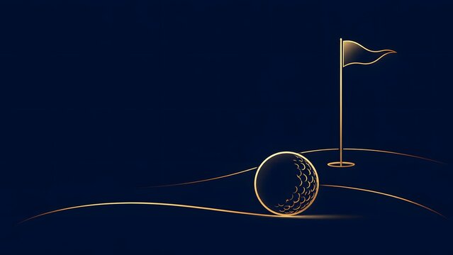 Minimalist golden line art of golf ball and flag on putting green over dark blue background.