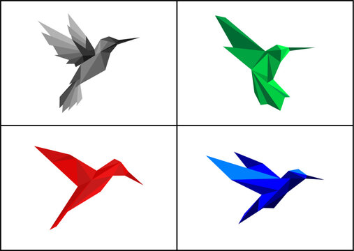 A grid of four stylized, low-poly geometric hummingbirds in flight, each a different color: grey, green, red, and blue, set against a clean white background.