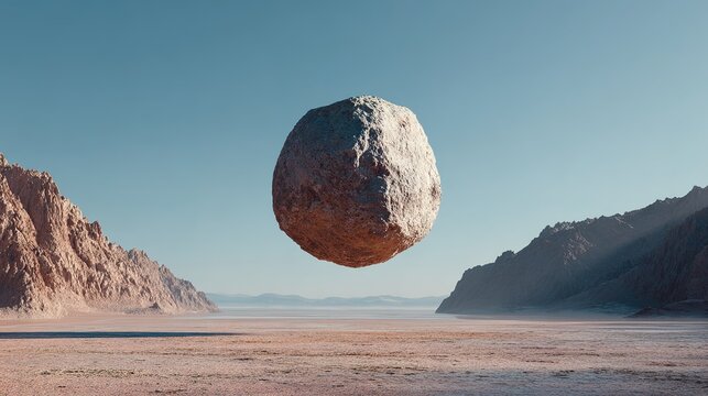 Giant boulder levitating over a vast arid desert plain