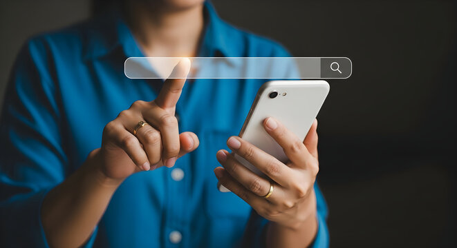 Woman interacting with search bar on smartphone screen with finger