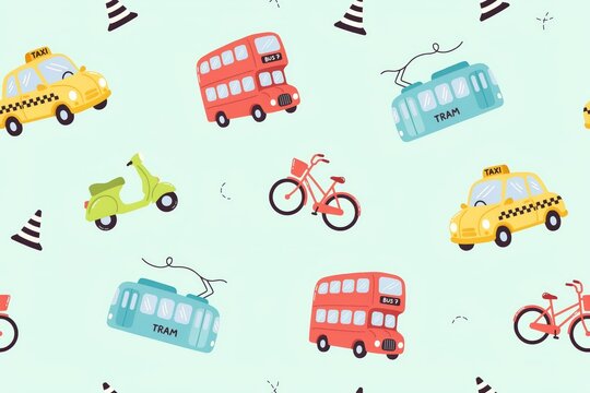 Seamless pattern featuring cute cartoon city transport vehicles like yellow taxis, red double-decker buses, blue trams, scooters, and bicycles