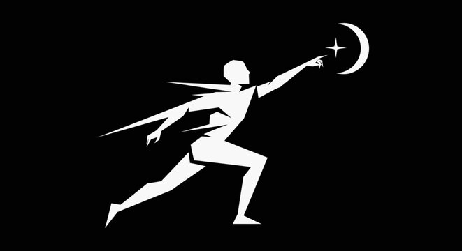 Silhouette of a mythic archer reaching for a star with crescent moon