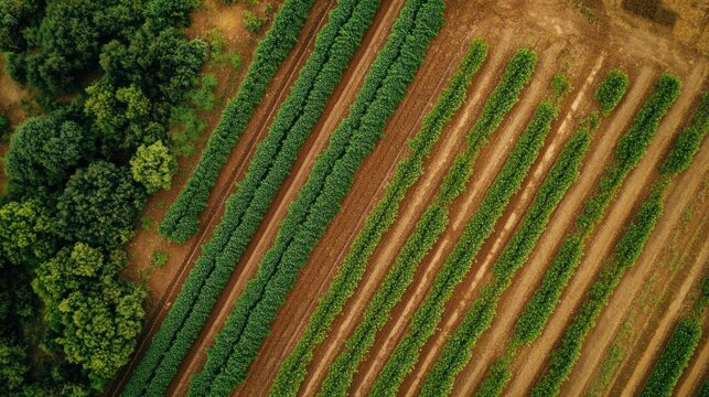 Aerial view of rows of crops in a field