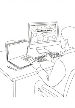 Illustration of person configuring new client setup on computer.