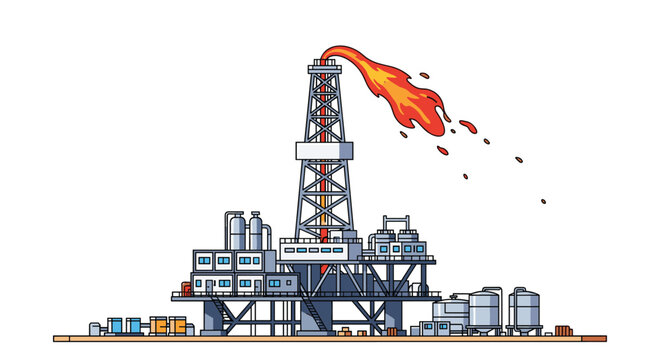 Detailed vector illustration of an offshore oil and gas drilling platform with a large flame burning from the derrick tower at the top.