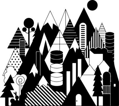Geometric mountain landscape, black and white illustration, abstract peaks, modern design elements