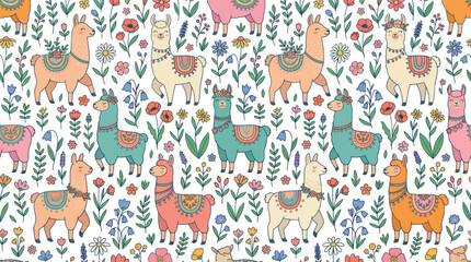Colorful Llamas in Floral Pattern. © mila