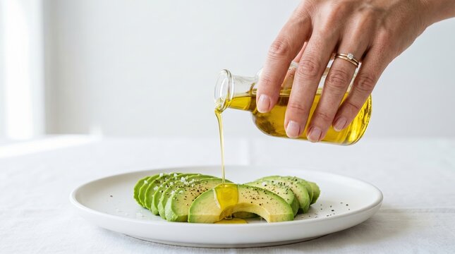 Hand pouring olive oil over sliced avocado on white plate