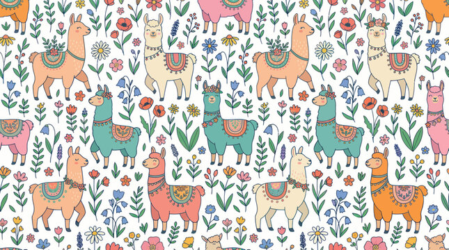 Colorful Llamas in Floral Pattern.