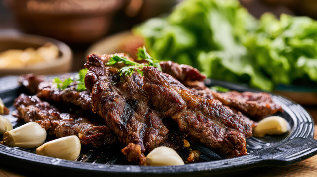 grilled korean galbi beef with marinated sauce and vibrant presentation