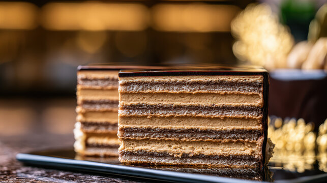 transparent food photography of a delicate french opera cake slice