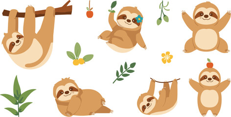 Fototapeta premium Cute Sloth Cartoon Collection Featuring Hanging Sleeping and Smiling Sloths with Tropical Leaves Flowers and Nature Elements Vector Illustration