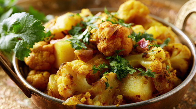 food photography of traditional aloo gobi with spices and herbs