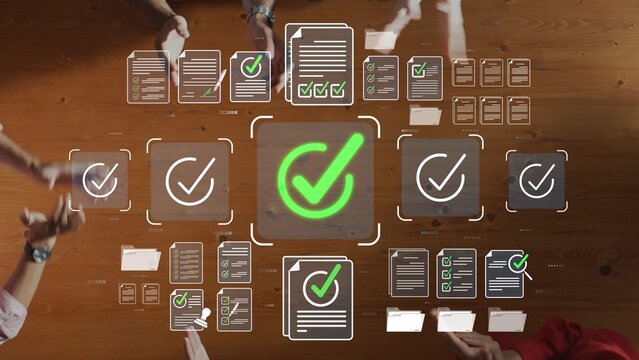 Collaborative Teamwork for Project Management with Checkmarks and Documents on Wooden Table in Office Setting Sigmoid