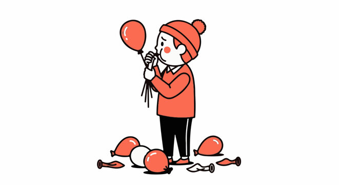 Child holding burst balloons with sad expression indoors.
