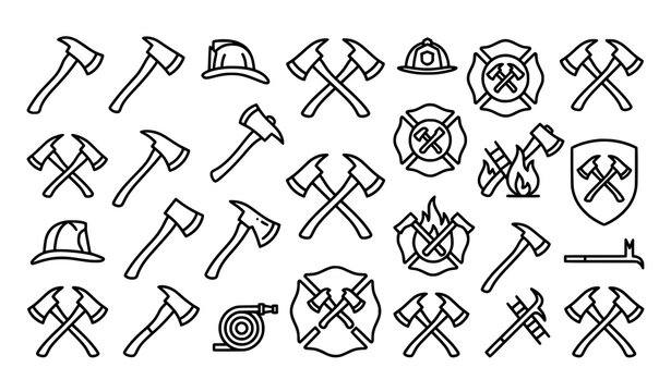 Creative firefighter axe outline vector icon set with minimalist rescue symbols