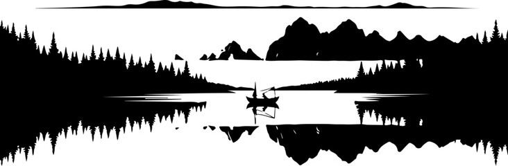 Fototapeta premium Black silhouette landscape, lake scene, mountain range, vector illustration