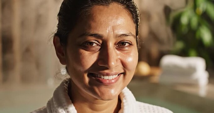A woman in a bathrobe opens her eyes and smiles after a facial treatment.