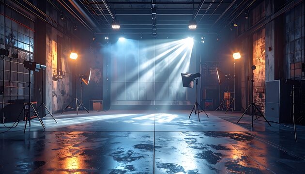 A dimly lit studio with spotlights and reflectors on stands