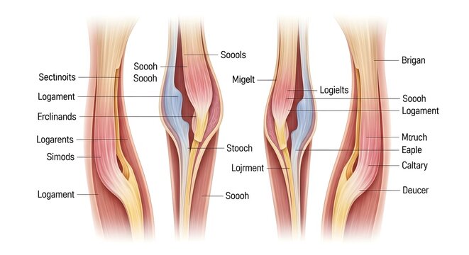 Anterior Human Knee Joint Ligament Anatomy Illustration Showing Normal Alignment and Various Pathologies of Medial and Lateral Supporting Structures, Tendons and Capsule for Sports Medicine, Orthopedi