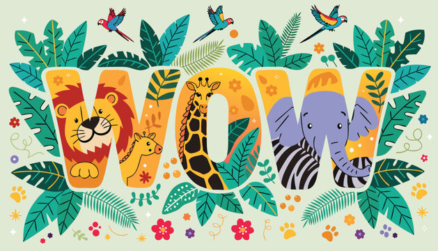 Wow typography with colorful zoo animals inside letters surrounded by exotic leaves and tropical birds, wildlife