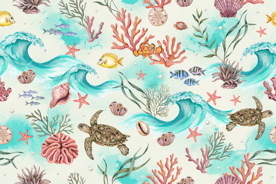 Seamless pattern featuring watercolor marine life including sea turtles corals fish shells and ocean waves on a light cream background