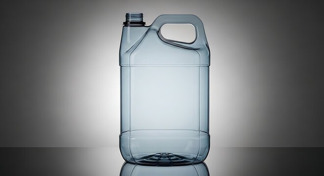 Empty transparent plastic gallon container for water or liquid chemical storage on a dark background. 5 gallon jug