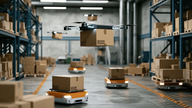 Autonomous drone robot warehouse logistics delivery package technology Smart logistics warehouse scene, drone carrying package above autonomous