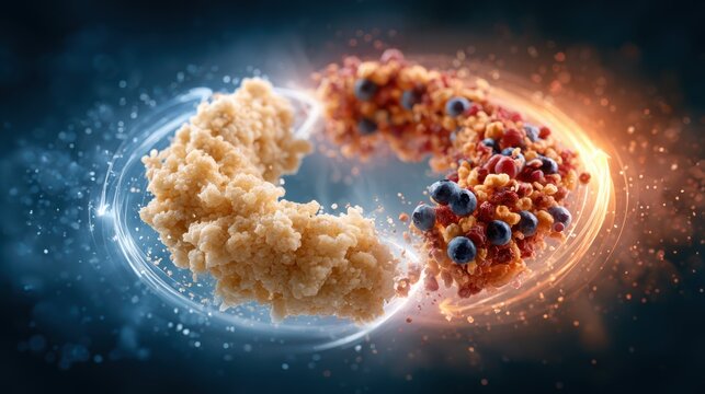 A dynamic circular composition of textured grains and fresh blueberries, split by contrasting cool blue and warm orange light effects.