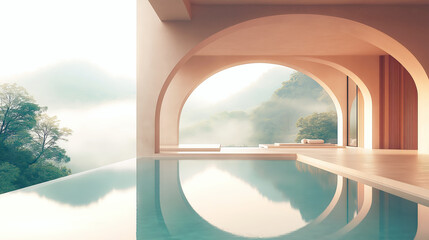 Fototapeta premium Modern Curved Architecture with Serene Indoor Pool and Nature View