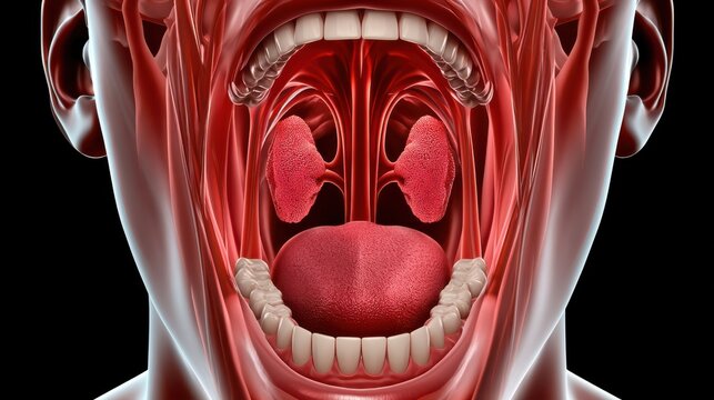 Anatomical illustration showing the open human mouth with detailed muscles, tongue, tonsils, teeth, and throat structures.