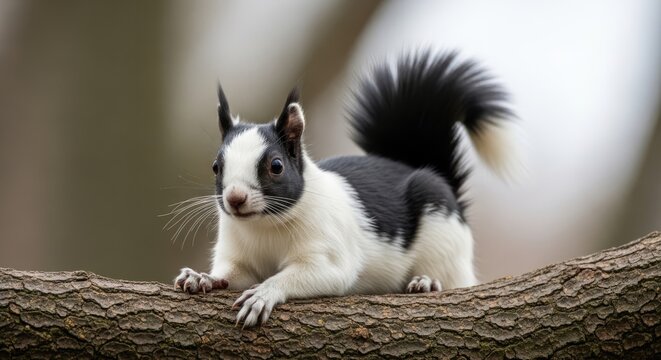 Black and white squirrel sitting on a mossy branch.