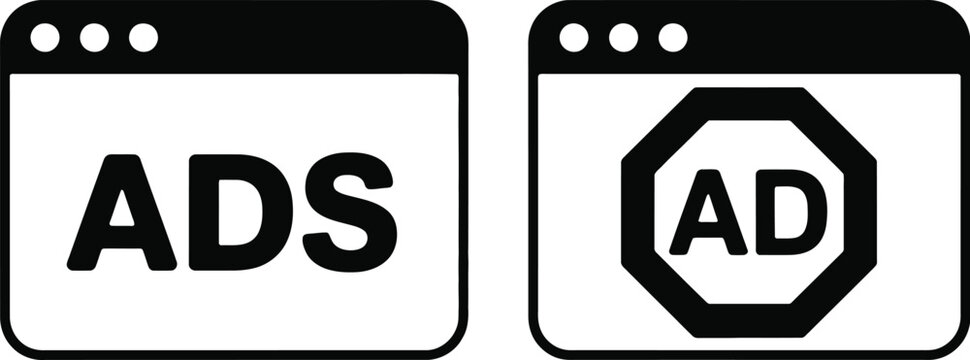 Digital advertising icon set, online ad display and blocking symbols for websites marketing platforms and user experience