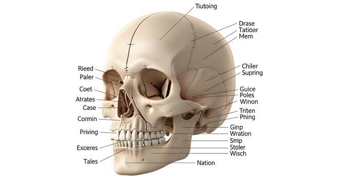 Lateral View Human Skull Anatomy Diagram Showing Frontal, Parietal, Temporal, Occipital, Sphenoid, Zygomatic, Maxilla and Mandible Bones with Major Sutures and Landmarks for Medical, Dental and Forens