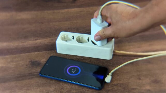 A man's hand trying to plug a cell phone charger into an electrical outlet is seen on the cell phone screen showing the power indicator and the percentage of power that has been charged.