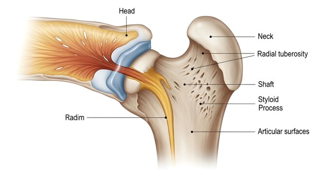 Detailed Proximal Radius and Elbow Joint Anatomy Illustration Depicting Radial Head, Neck, Tuberosity, Shaft, Styloid Process, Articular Surfaces and Surrounding Muscles and Tendons for Clinical and E