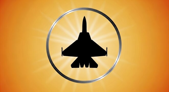 Black fighter jet silhouette inside silver ring on orange.