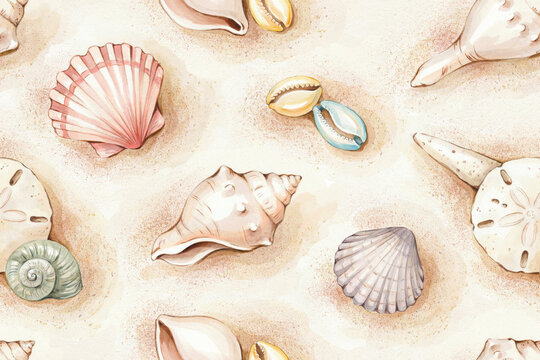 Seamless pattern featuring watercolor seashells, starfish, and sand dollars arranged on a sandy beach texture background, for coastal decor use
