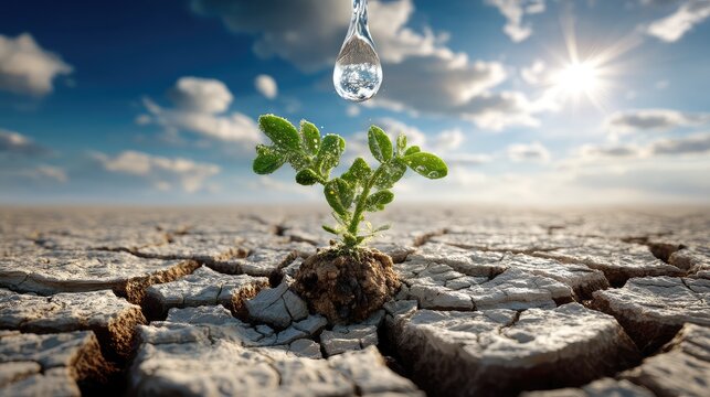 A Resilient Green Plant Emerges from Parched Soil with a Life-Giving Water Droplet Suspended Above under a Bright Blue Sky and Sunlight