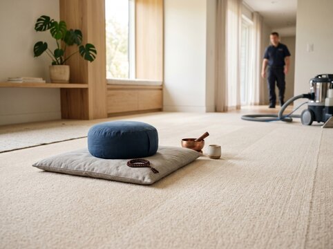 Meditation cushion placed on a freshly cleaned carpet prepared for a mindfulness session immediately after professional carpet cleaning