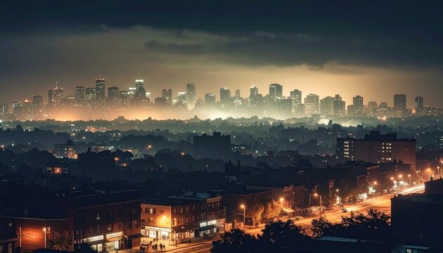 Elevated dusk shot of city skyline, misty haze, lights glow, buildings, with lower residential zone