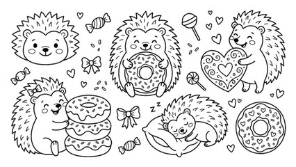 Fototapeta premium Cute Hedgehog and Sweet Donut Sticker Pack Kawaii Woodland Character Vector Collection