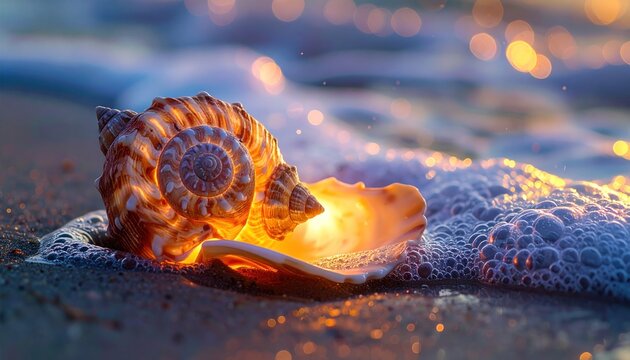 A sunlit seashell rests on wet sand as a foamy wave laps around it
