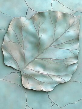 Metallic leaf art sculpture with intricate vein details against textured cracked background wall