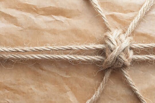 Close up of natural fiber rope tied in a secure knot on brown crumpled paper background
