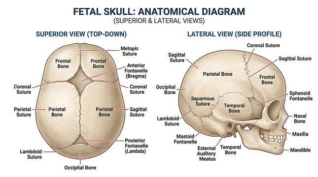 Anatomical diagram of a fetal skull showing superior and lateral views with labeled sutures