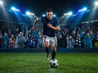 Naklejka premium Rain falls on a glowing stadium field