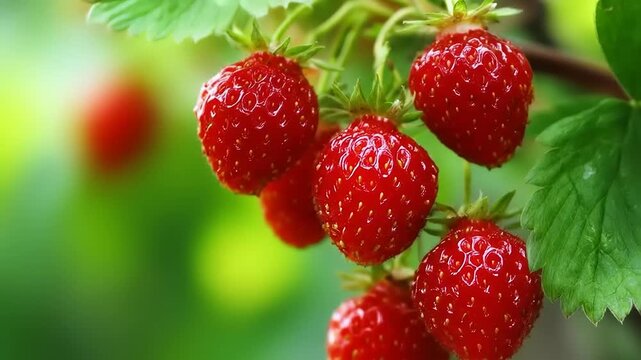 A cluster of ripe, red strawberries hangs on a green leafy branch, with a blurred background