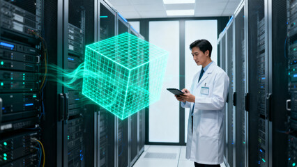 Fototapeta premium Digital Data Visualization in Server Room: A scientist in a lab coat inspects a holographic digital cube with flowing data streams within a modern server room.