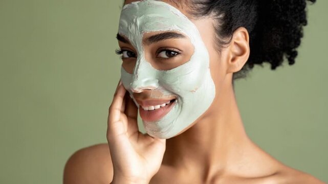 Happy young woman with green clay mask on face enjoying skincare routine